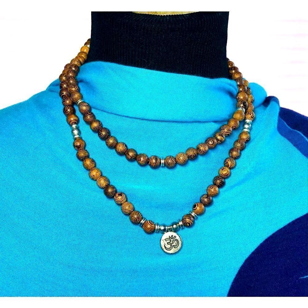 Tibetan Buddhist 108 Wood Beads Mala MultiLayer Om Charm Necklace OS